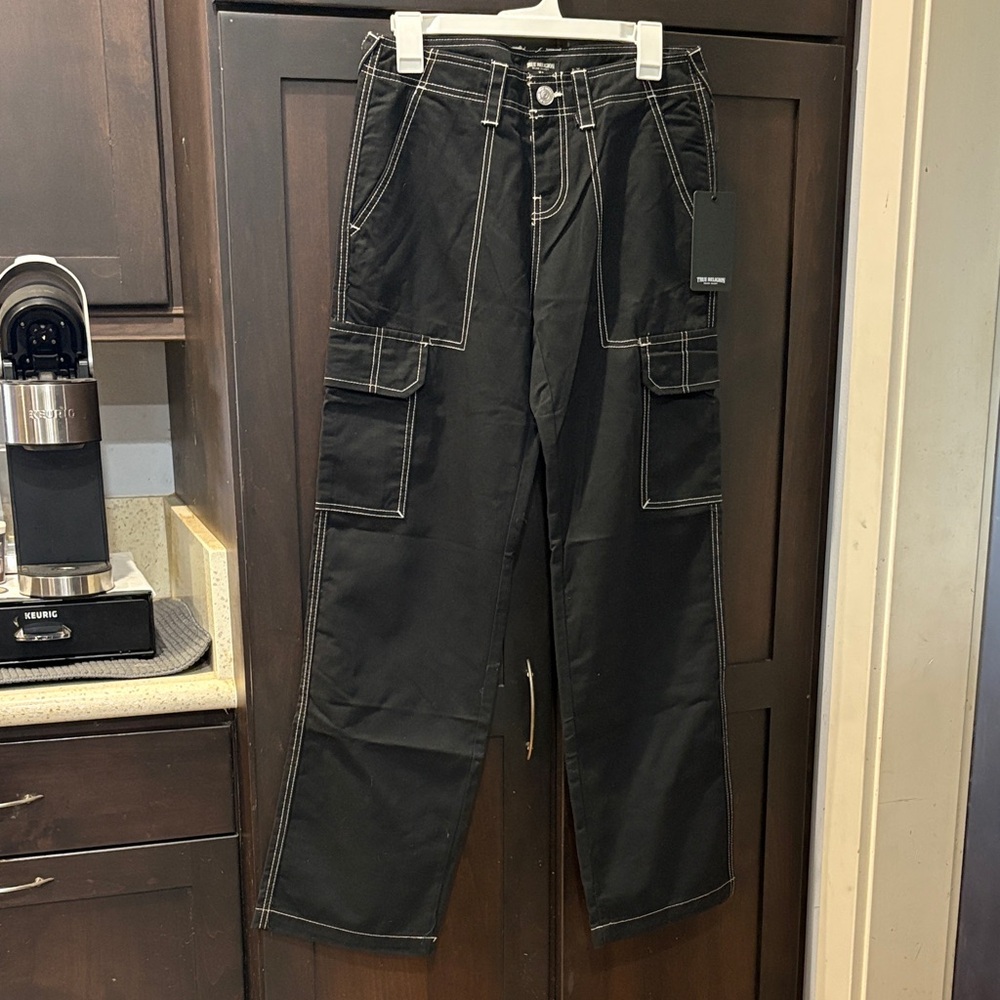 True Religion Black Cargo Pants with White Stitching